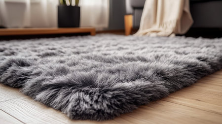 A plush, fuzzy rug with a soft, deep texture, inviting comfort and warmth.の素材