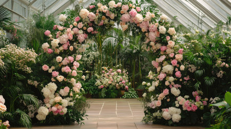 A luxurious floral wedding arch in a greenhouse, with an abundance of roses, peonies, and lush greenery.の素材