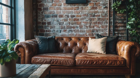 A luxurious leather sofa with plush cushions, set in a rustic-industrial living space with exposed brick walls.の素材