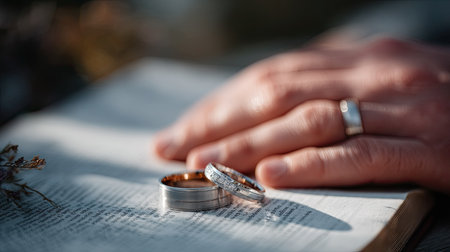 Hands with wedding rings resting on a Bible or vow book, symbolic and spiritual toneの素材