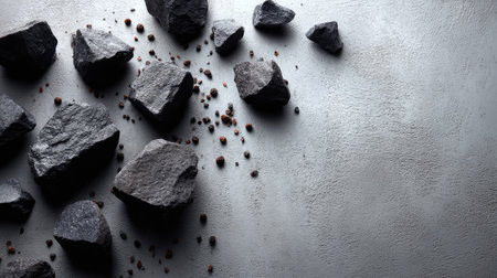 Isolated dark rock pieces sprinkled over pale cement texture with soft vignettingの素材