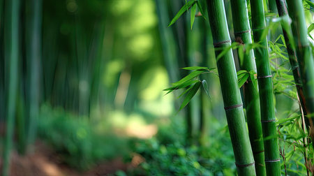 Green bamboo forest with soft depth of field, blurred background for a calming natural textureの素材
