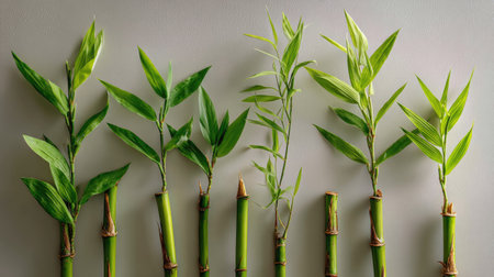 Group of thin green bamboo sticks and leafy shoots arranged vertically on a neutral backgroundの素材