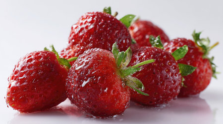 Isolated ripe strawberries with natural water droplets, creating a fresh, dewy look against a plain white backgroundの素材