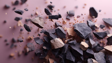 High-contrast scattered dark stone debris over soft toned studio background for modern visualsの素材
