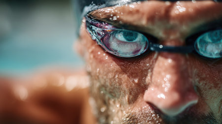 Intense close-up of a swimmer's face with goggles and cap, staring ahead with determination, ready to diveの素材