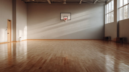 Minimalist shot of an indoor court with clean hardwood and a single hoop visibleの素材