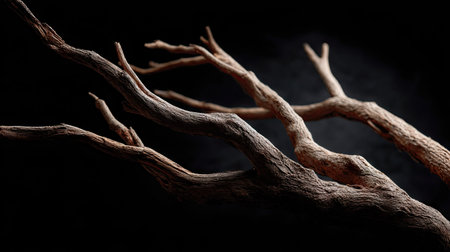 Isolated dead tree branch with rough texture placed against a deep black backdrop with moody shadowsの素材