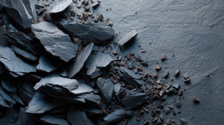 Jagged dark rock debris scattered unevenly over a smooth slate background for industrial texturesの素材