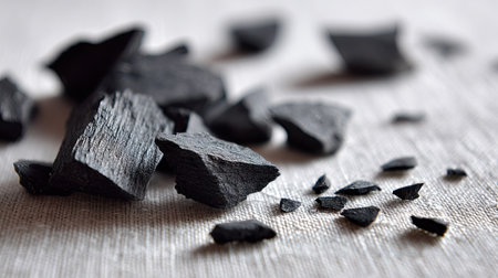 Irregular black stone shards spread on off-white canvas texture, with focus on texture and detailの素材