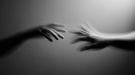 Hands reaching toward each other with motion blur, captured in a surreal minimalist styleの素材