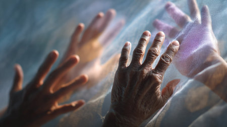 Hands of different ages reaching to connect on faded fabric background, emotional and softの素材
