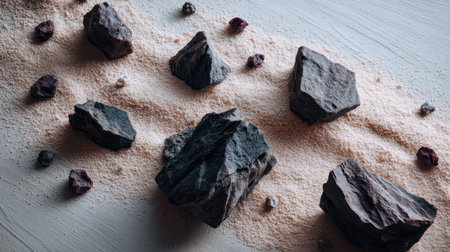 Isolated dark rock pieces sprinkled over pale cement texture with soft vignettingの素材