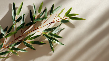 Minimalist arrangement of bamboo stems with leaves isolated on soft neutral tonesの素材