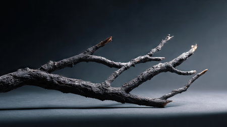 Jagged, lifeless tree branch laid horizontally on a gradient black-to-gray backgroundの素材