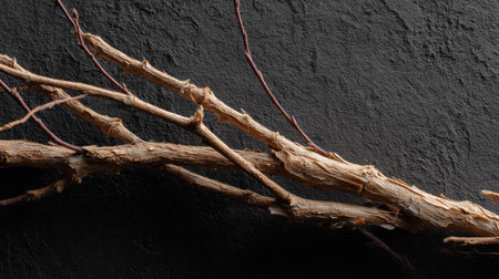 Long dry branch with peeling bark placed against a faded black wall texture, atmospheric and rawの素材