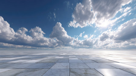 Low-angle shot showing endless marble floor meeting a wide sky scattered with bright, puffy cloudsの素材