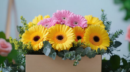 A charming gift box with fresh yellow gerberas and pink carnations arranged on top, surrounded by sprigs of greeneryの素材