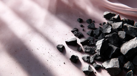 High-contrast scattered dark stone debris over soft toned studio background for modern visualsの素材