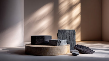 Minimalist product podium with slate and granite fragments on a shadowed surfaceの素材