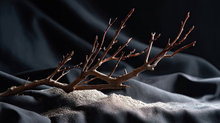 Lonely, fractured dead tree branch isolated on soft black cloth with gentle lightingの素材