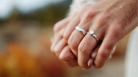 Interlocked hands with silver wedding rings, warm tones and shallow depth of fieldの素材