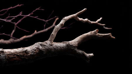 Isolated dead tree branch with rough texture placed against a deep black backdrop with moody shadowsの素材