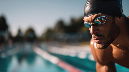 Male athlete in swim gear, goggles, and cap, poised and ready for the starting signal at the poolsideの素材