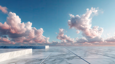 Minimalistic scene with an empty marble ground and dynamic cloudscape above, evoking serenity and opennessの素材