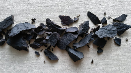 Irregular black stone shards spread on off-white canvas texture, with focus on texture and detailの素材