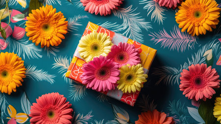 A brightly colored gift box with fresh multicolored gerberas and carnations arranged in a playful pattern, placed on a festive backdropの素材