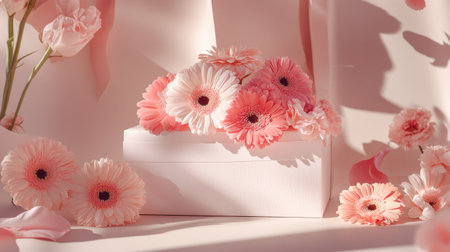 A chic gift box wrapped in white paper and topped with fresh blush-colored gerberas and matching carnations, on a minimalist backgroundの素材