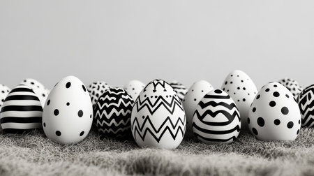 An elegant photo of black and white Easter eggs with modern minimalist designs in a monochrome settingの素材