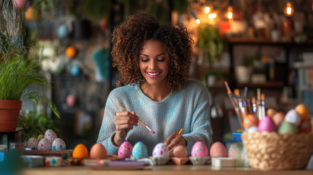 A cheerful woman sitting at a table, carefully painting a colorful Easter egg with a small brush, surrounded by craft supplies and a basket of eggsの素材