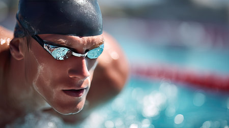 Male swimmer in a sleek swim cap and goggles, preparing for a fast dive into the competition poolの素材