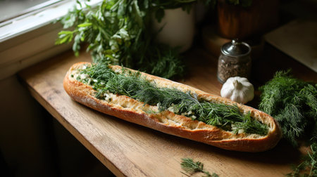 A bakery-style baguette topped with garlic, rosemary, and dill, resting on a wooden counter with fresh herbsの素材