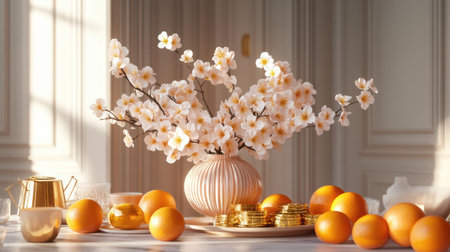 A bright and cheerful interior with blooming peach branches as a centerpiece, surrounded by oranges and gold ingotsの素材