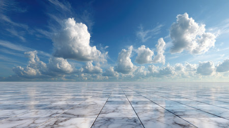 Low-angle shot showing endless marble floor meeting a wide sky scattered with bright, puffy cloudsの素材