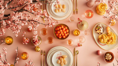 A chic and modern Chinese New Year table with peach blossoms, contemporary gold decorations, and festive treatsの素材