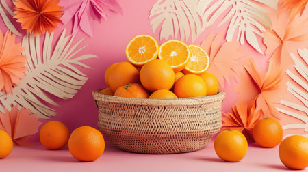 A bright and cheerful Chinese New Year setup with oranges in a rattan basket surrounded by festive paper cuttingsの素材