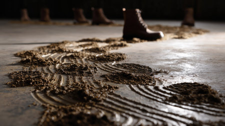 Messy mud shoe prints curving across a polished floor, implying movement and activityの素材