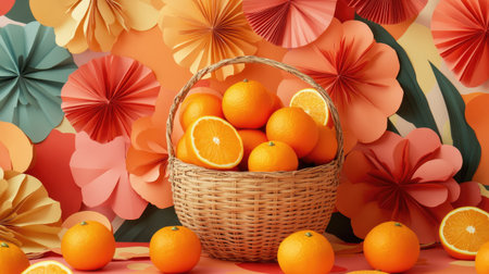 A bright and cheerful Chinese New Year setup with oranges in a rattan basket surrounded by festive paper cuttingsの素材