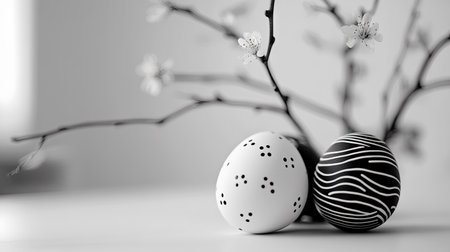 An elegant photo of black and white Easter eggs with modern minimalist designs in a monochrome settingの素材