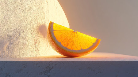 A slightly tilted orange slice with fresh pulp and a glowing citrus hue, isolated on white.の素材