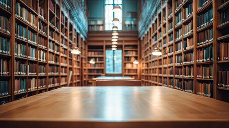 A smooth wooden table in a bright, spacious library with tall bookshelves and stylish reading lamps.の素材