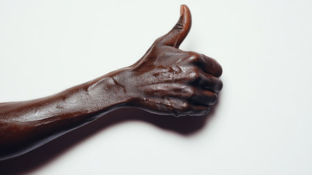 A close-up of a tanned hand making a thumbs-up sign, neatly isolated on a bright white background with high clarity.の素材
