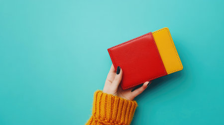 A stylish woman's hand holding a wallet with a bold color, surrounded by clean white space for emphasis.の素材