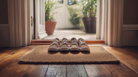 A doormat inside a home's front door, paired with a set of shoes, ready for the next outdoor adventureの素材