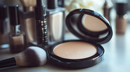 A sleek cosmetic compact powder placed on a vanity with a modern makeup brush and a soft-focus background of beauty essentialsの素材