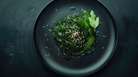 An artistic food composition of wakame seaweed salad with sesame seeds, elegantly arranged on a round black plate with moody lighting.の素材